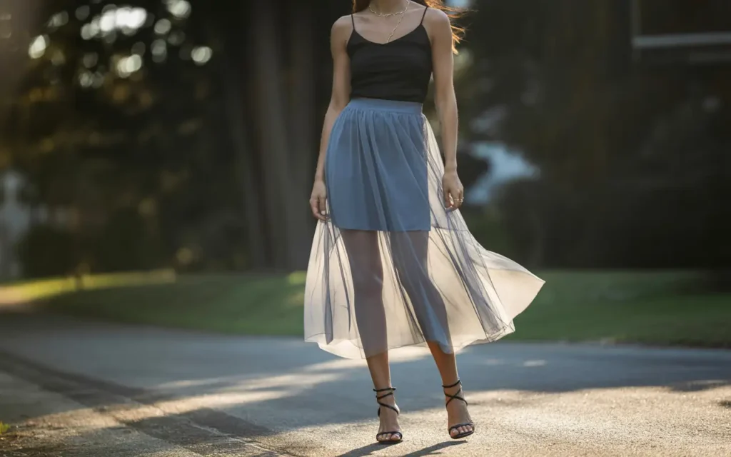 Woman in a black fitted cami tucked into a sheer dusty blue flowy midi skirt standing in soft backlit sunshine with minimal gold jewelry and black strappy sandals