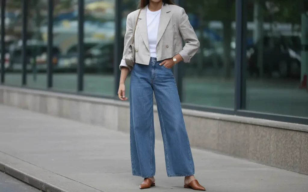 Woman in an unstructured stone-colored cropped linen blazer over a white tee and relaxed wide-leg jeans with pointed-toe leather mules in an urban street setting