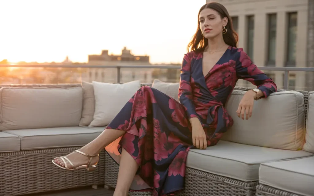 Woman wearing a deep jewel-toned floral wrap midi dress with strappy gold flat sandals at an outdoor rooftop dinner setting during golden hour sunset