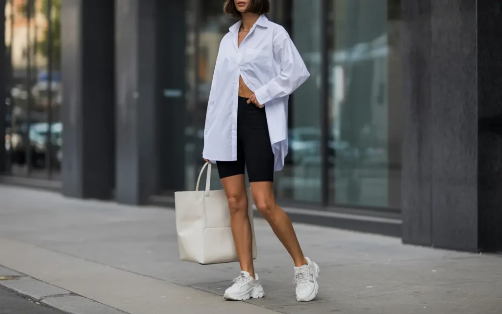 Woman in an oversized white button-down shirt worn over black fitted bike shorts with chunky white sneakers and an oversized tote bag on a city sidewalk