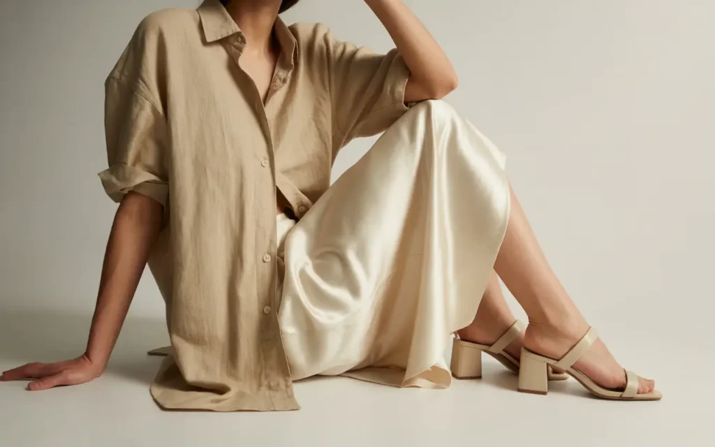 Woman wearing a relaxed sand-colored linen shirt half-tucked into a smooth ivory satin midi skirt with nude block-heeled sandals in a soft editorial fashion setting