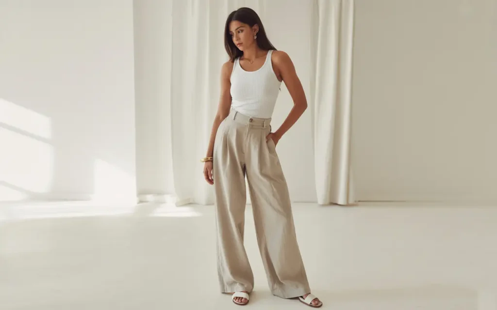  Woman in a fitted white ribbed bodysuit tucked into high-waisted wide-leg natural linen trousers with white leather sandals and a gold bangle in a minimalist white interior
