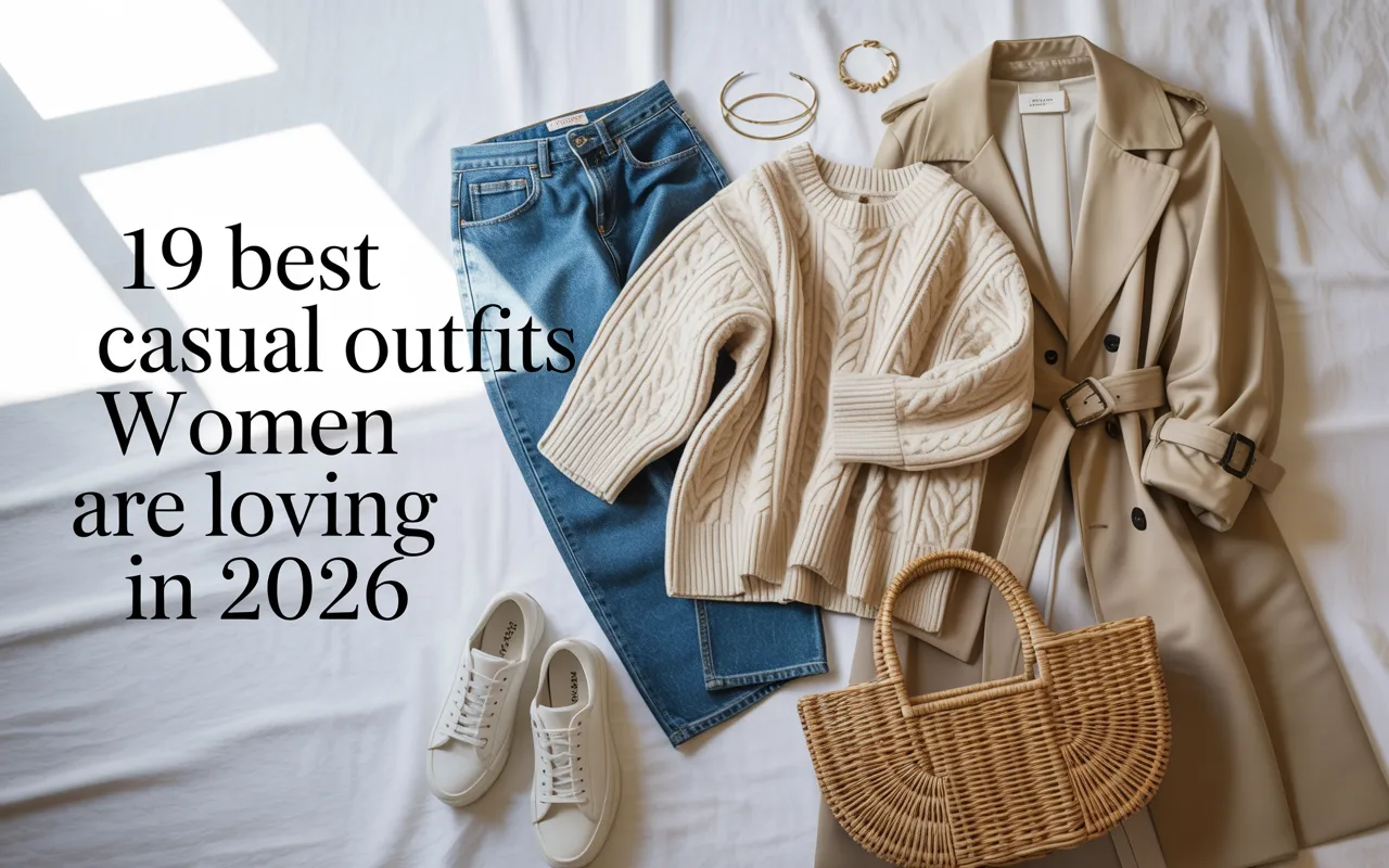 Flat lay of the best casual outfits women are loving in 2026 including barrel jeans, cream knit sweater, trench coat and white sneakers