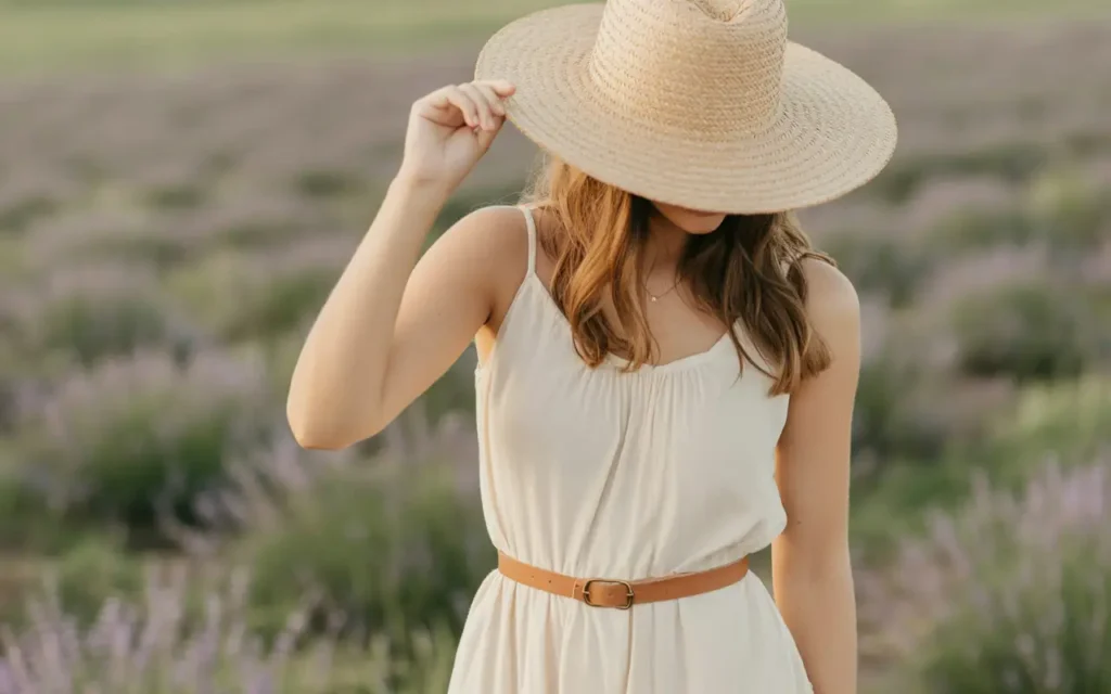 Woman in a flowy cream sundress cinched with a camel leather belt and a wide-brim natural straw hat standing in a sun-drenched lavender field in soft romantic light
