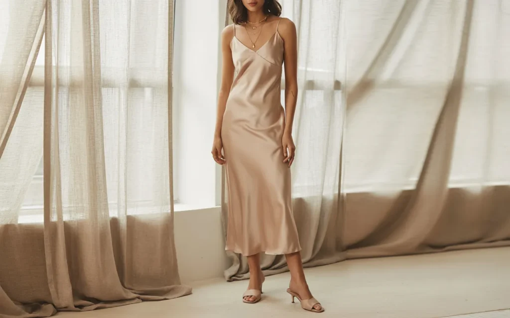 Woman wearing a champagne satin midi slip dress with spaghetti straps and nude kitten heel mules in a soft airy room with linen curtains