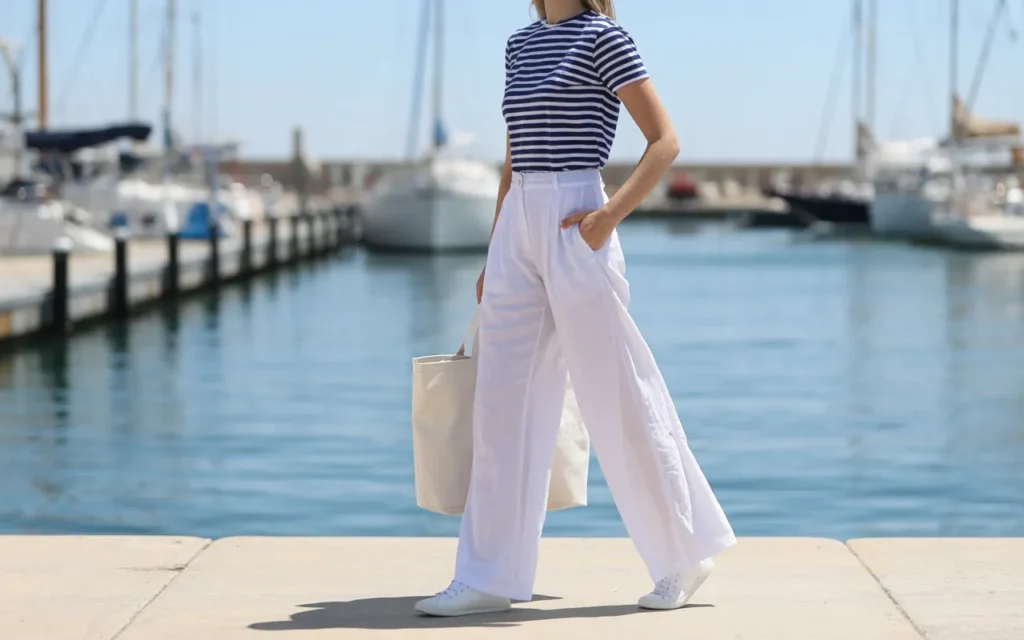 Woman in a navy and white Breton stripe tee tucked into flowy white wide-leg linen trousers walking along a marina with a canvas tote and white sneakers